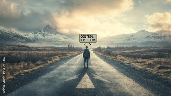 Fototapeta Direction between control and freedom on a desolate road in the mountains at sunrise