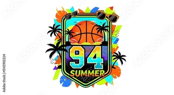 Obraz Vector clothing print of basketball badge with 94 number and vibrant summer theme