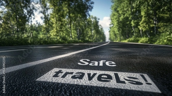 Fototapeta Road marked with safe travels message surrounded by lush greenery on a bright sunny day