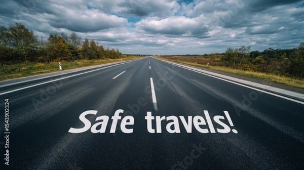 Fototapeta Road stretches into the distance with message for safe travels on a cloudy day in a rural landscape