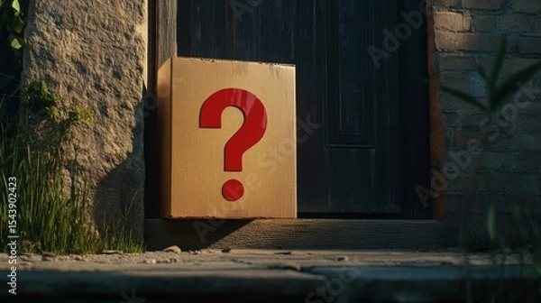 Fototapeta Mysterious package with a question mark placed at a wooden door entrance in a quiet outdoor setting during daytime