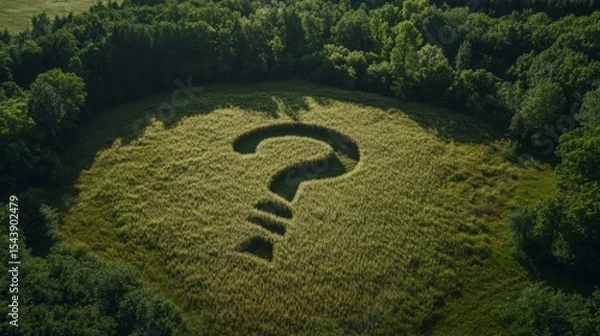 Fototapeta Large question mark carved into grass field surrounded by dense forest during daylight in a rural area