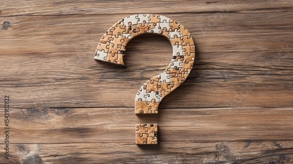 Fototapeta Creative puzzle piece arrangement forming a question mark on a wooden background creates a playful atmosphere for problem-solving