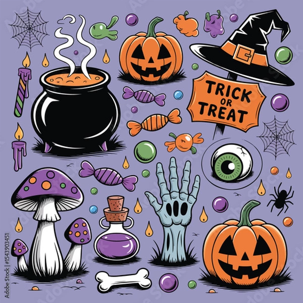 Obraz Spooky Halloween Vector Set – Pumpkins, Cauldron, Witch Hat, Candy & Skeleton Hand

