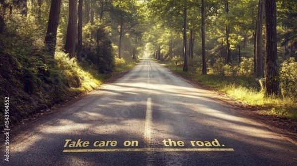 Fototapeta Beautiful country road with a safety message surrounded by trees in a tranquil setting