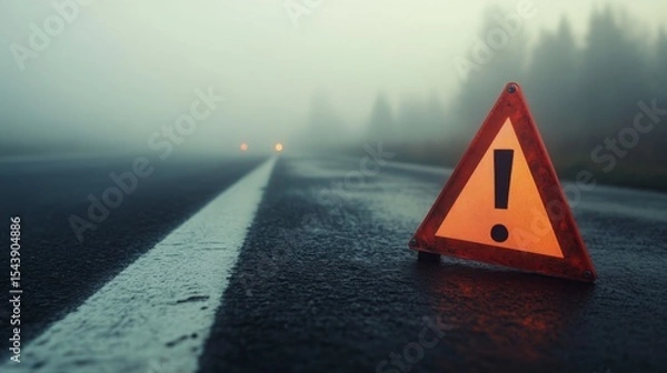 Fototapeta Warning sign on a foggy road during early morning, alerting drivers to potential hazards ahead