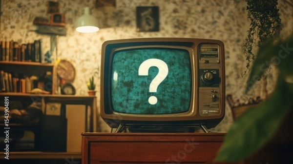 Fototapeta Vintage television displaying a question mark in a retro living room setting with eclectic decor and warm lighting