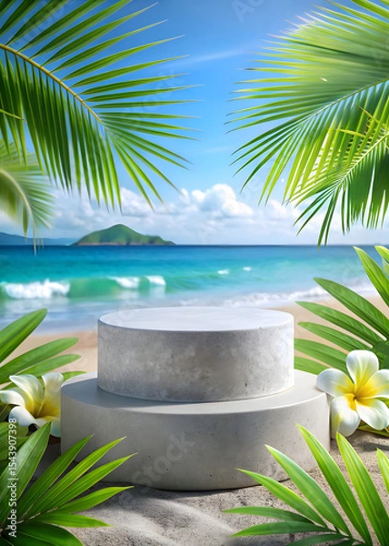 Obraz Two-tiered concrete pedestal on sandy beach with tropical plants and ocean view