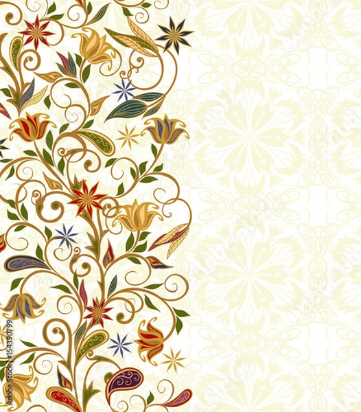 Fototapeta Abstract vintage pattern with decorative flowers, leaves and Paisley pattern in Oriental style.
