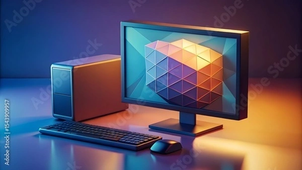 Obraz Low-poly Desktop Computer Displaying Abstract Geometry