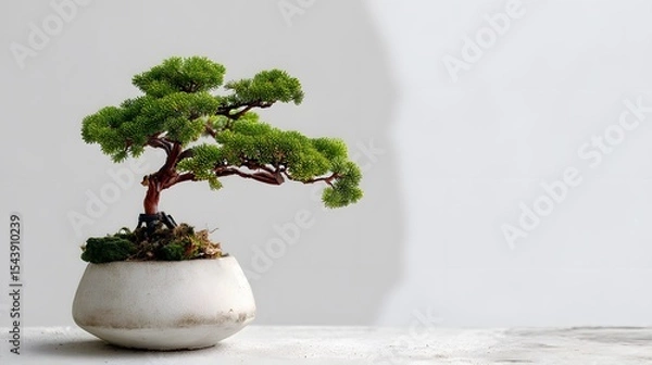 Fototapeta A bonsai tree in a white pot against a white background.