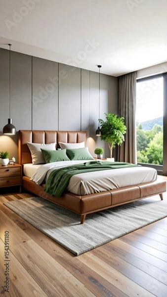 Obraz Modern bedroom with green accents, and view.