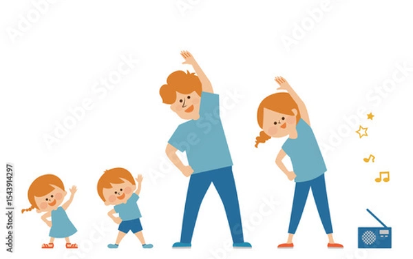 Fototapeta ラジオ体操をする親子のイラスト素材
