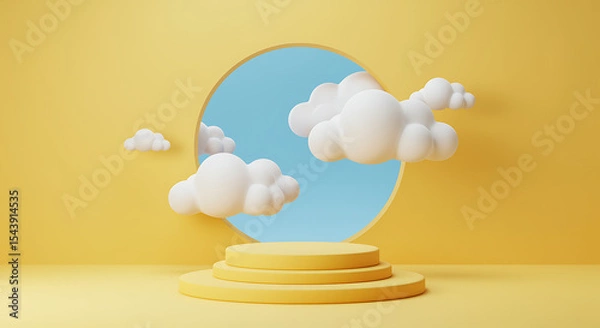 Fototapeta Pastel yellow studio background with clouds and podium