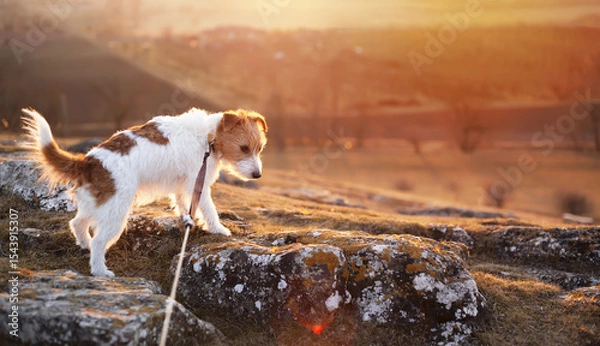 Fototapeta Dog on a leash on a rock. Safe and responsible dog walking concept.