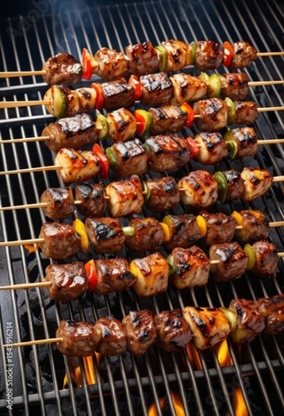 Fototapeta A close-up of a grill with meat and vegetable skewers