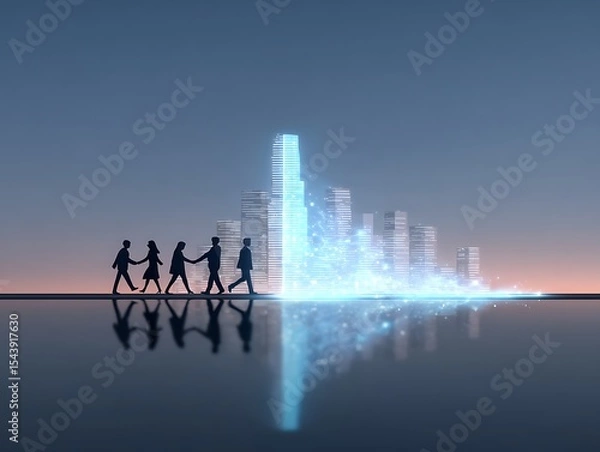 Obraz People walking towards a futuristic city