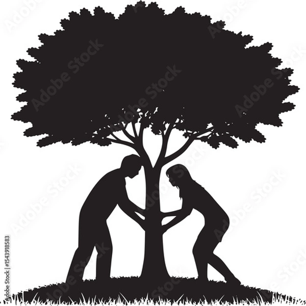 Fototapeta Silhouette of a man and woman hugging a tree in black and white on a grassy hill illustration