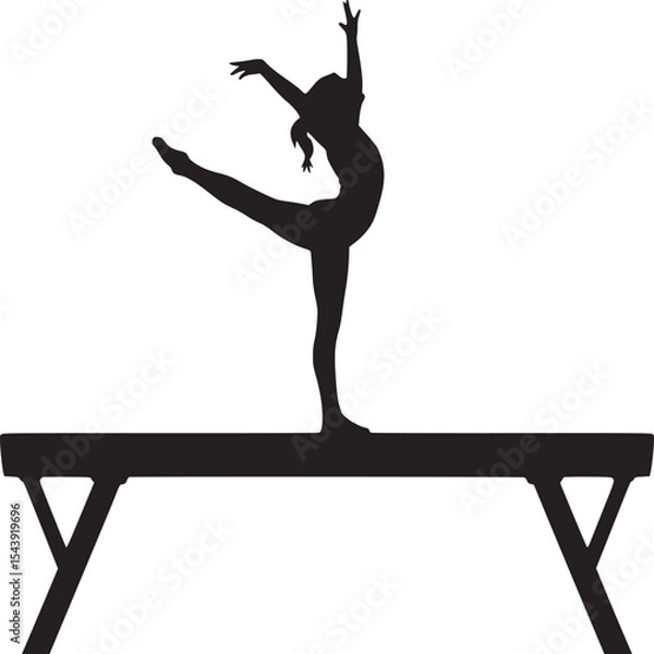 Fototapeta Silhouette of gymnast performing balance beam routine with arms raised and leg extended upwards in monochrome