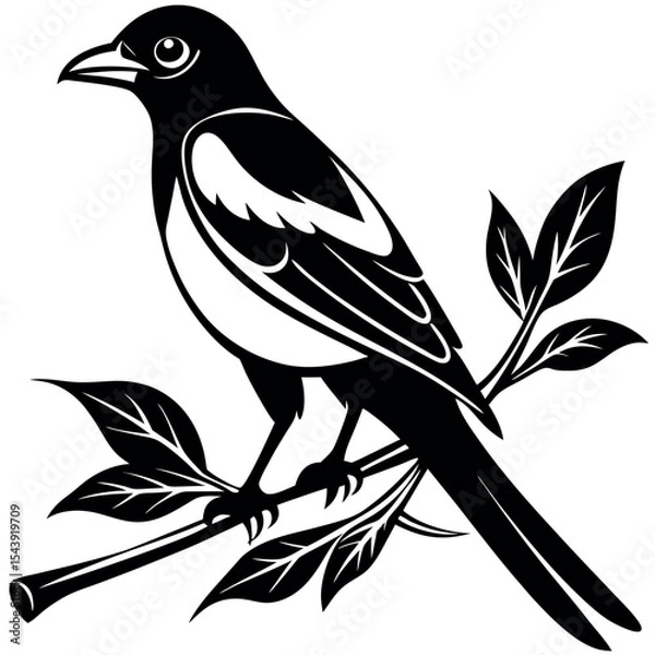 Fototapeta Magpie bird on branch silhouette isolated on white background