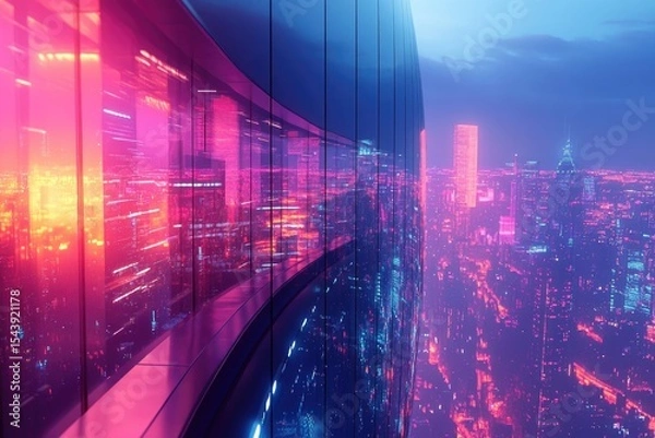 Fototapeta A modern skyscraper reflects a vibrant, illuminated cityscape at night with a neon pink and blue color palette.