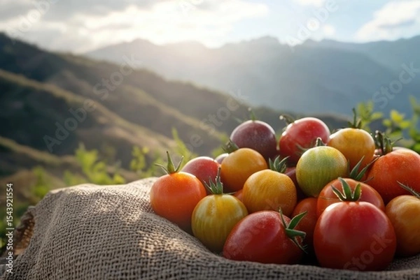 Fototapeta A vibrant pile of colorful tomatoes rests on burlap, set against a backdrop of serene mountains and a soft, sunlit sky.