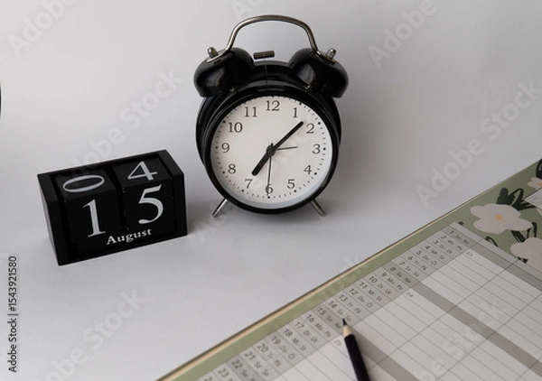 Obraz Top view of a classic black alarm clock and a wooden cube calendar with the date "15" placed on a bedside table or desk. Part of the bed with a pillow and blanket is visible in the lower right corner,
