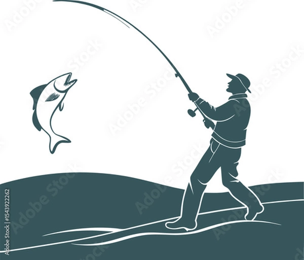Obraz Silhouette of Fisherman Casting Rod from Shoreline – Caught Fish Leaping from Water Amid Rolling Waves and Stylized Landscape – Dynamic Outdoor Vector for Fishing, Adventure, and Nature Scenes