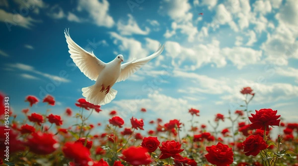 Fototapeta white dove in the sky, against the backdrop of a field of red roses