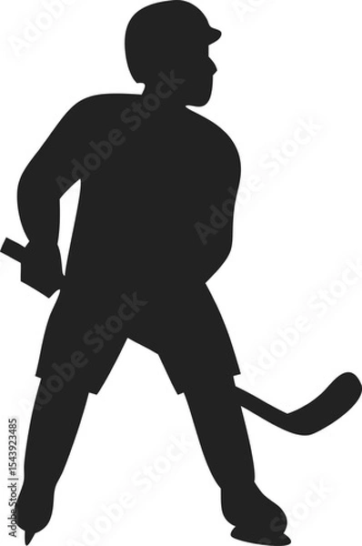 Obraz Silhouette of Hockey Player in Profile Wearing Helmet and Full Gear – Skating Pose with One Leg Forward and Hockey Stick in Hand – Solid Black Vector on White Background for Sports, Team Logos, 