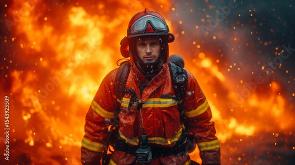 Fototapeta A firefighter gets out of the flames of the fire in a protective suit