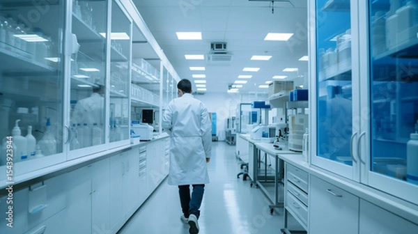 Fototapeta Scientific laboratory with a laboratory assistant in a white coat walking down the corridor towards his workplace