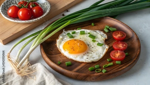 Fototapeta Sunny Side Up Egg on Wooden Plate with Green Onions and Tomatoes 1