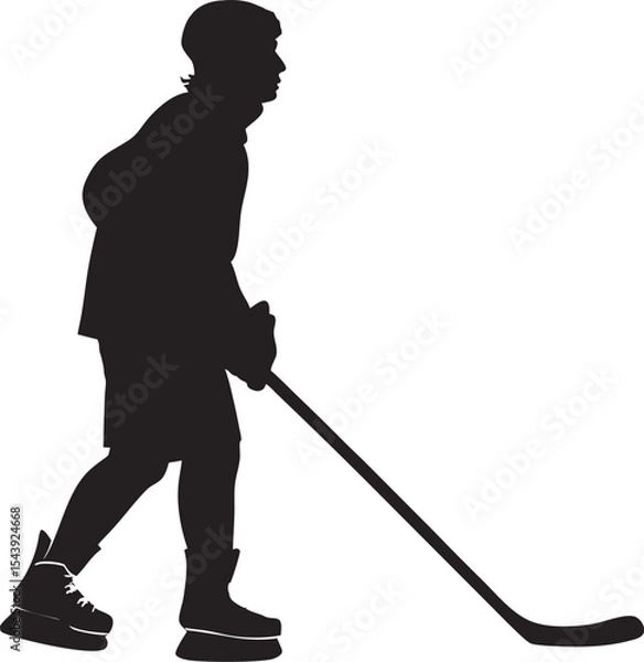 Obraz Silhouette of Child Hockey Player Holding Stick – Standing on Ice Skates with Loose Jacket and Shorts, Facing Slightly Left – Youth Sports Vector Depicting Movement, Anticipation, & Ice Hockey Spirit