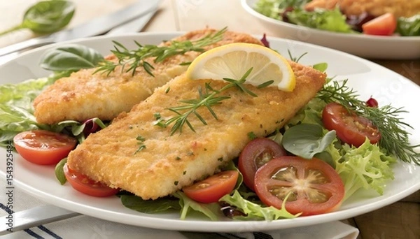 Fototapeta Two Crispy Fried Fish Fillets Lemon Rosemary Salad