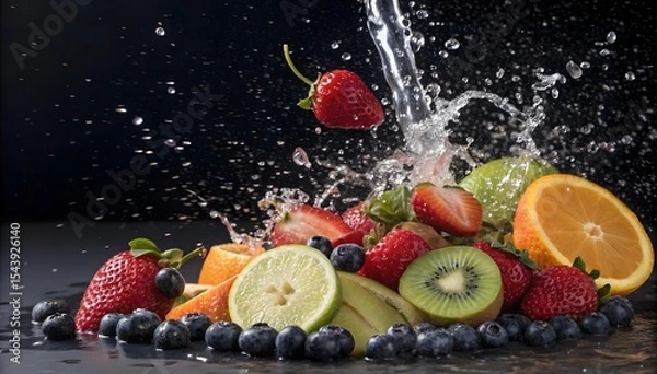 Fototapeta Vibrant Fruit Splash Water Strawberries Kiwi Orange Lime Blueberries