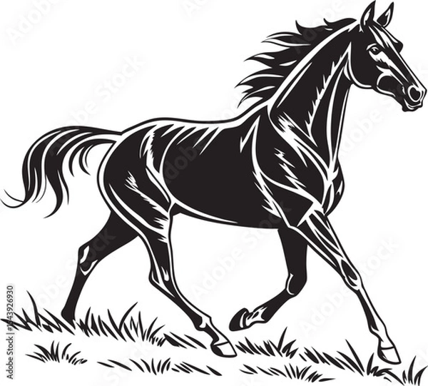 Obraz Stylized Black Silhouette of Galloping Horse on Grassy Field – Flowing Mane and Tail with Muscular Structure and Graceful Motion – Elegant Equine Vector for Logos, Prints, and Equestrian Designs