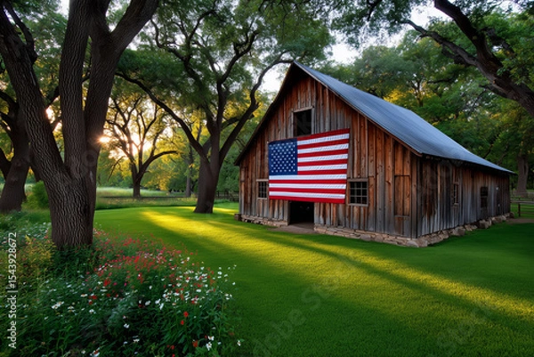Fototapeta Rustic Barn with American Flag for US Independence Day