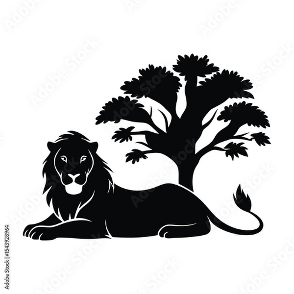 Fototapeta Majestic Lion Silhouette Under Tree Vector Art