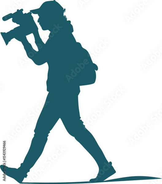Obraz Silhouette of Person Walking with Video Camera – Casual Figure Wearing Cap and Backpack in Mid-Stride Holding Camcorder – Solid Black Vector Illustration for Filmmaking, Travel, & Videography Concept