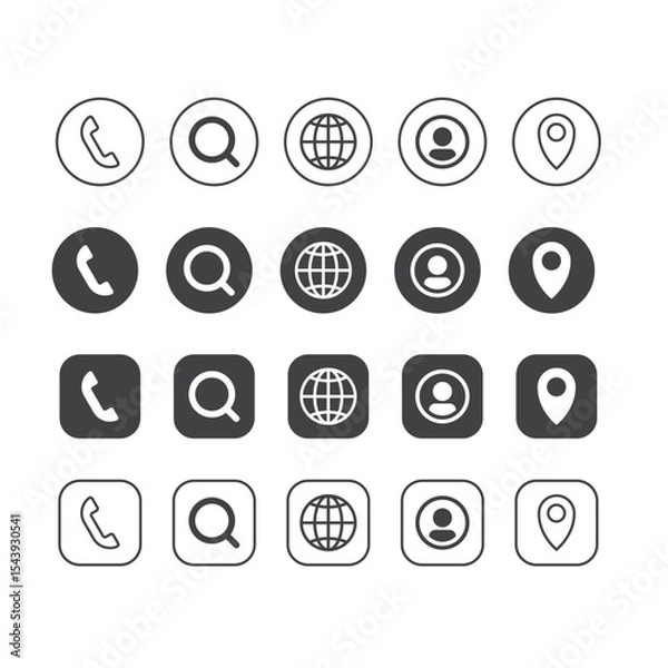 Obraz Contact icon set for company, Website, search, Call, Location, phone, Person Profile, message, User icon set, minimalistic icon set. Global searching icon