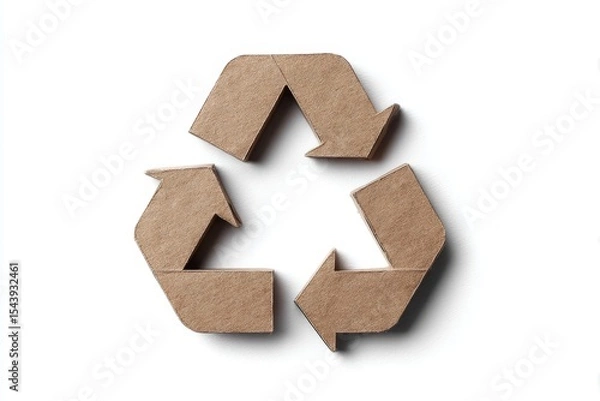 Fototapeta Recycle Symbol Made of Cardboard - Close-up shot of a recycle symbol crafted from light brown cardboard, set against a stark white background