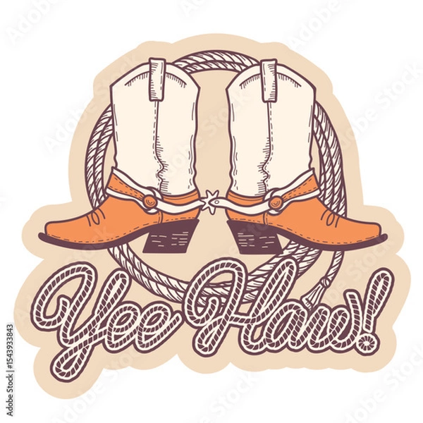 Fototapeta Cowboy boots and lasso Rodeo with Yee haw lettering vector hand drawn illustration isolated on white background for design. Vector printable black graphic Rodeo symbol for print