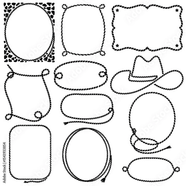 Fototapeta Rope frames vector graphic illustration isolated on white background for design. Vector cowboy lasso black silhouette set .