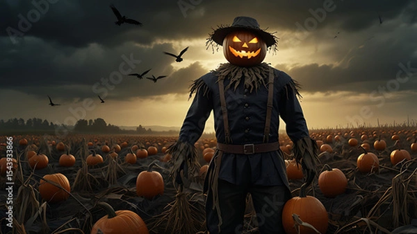 Fototapeta A pumpkin-headed scarecrow with glowing eyes, standing in a dark cornfield under stormy skies, surrounded by crows with human eyes.