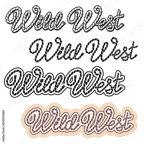 Fototapeta Wild west text vector illustration isolated on white background for design. Cowboy lasso Rodeo lettering. Vector wild west printable black graphic symbol for print.