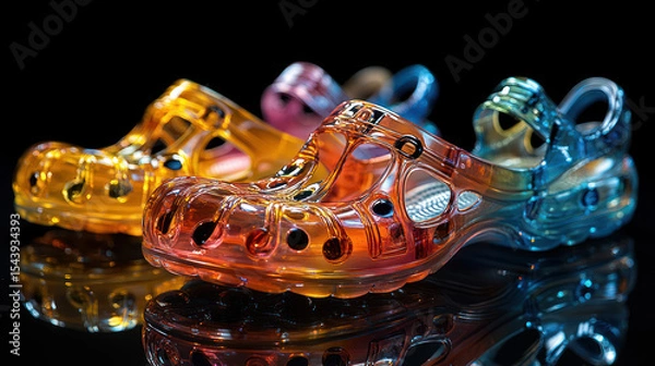 Fototapeta Close-up of three translucent, colorful sandals.  Gradient hues of amber, rose, and teal.  Clear plastic, intricate detailing, and perforated design.  Reflections on dark surface