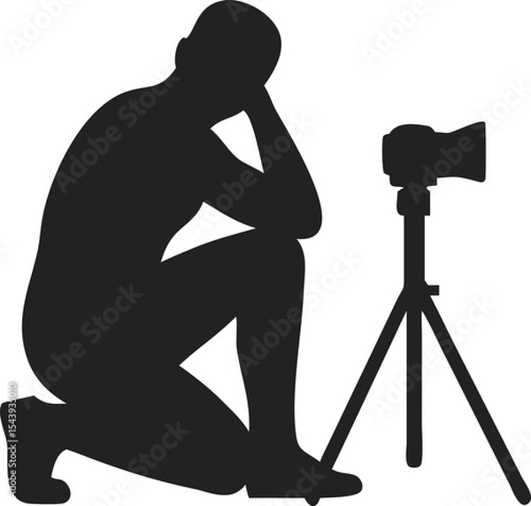 Obraz Silhouette of Pensive Photographer Kneeling Beside Tripod Camera – Solid Black Figure with Head Resting on Hand – Minimalist Black and White Vector for Creative, Reflective, & Artistic Design Concept