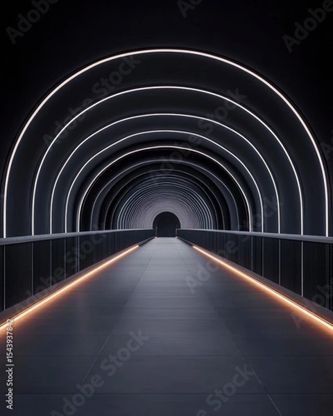 Fototapeta Futuristic Glowing Bridge Tunnel with Arching Beams and Illuminated Pathway