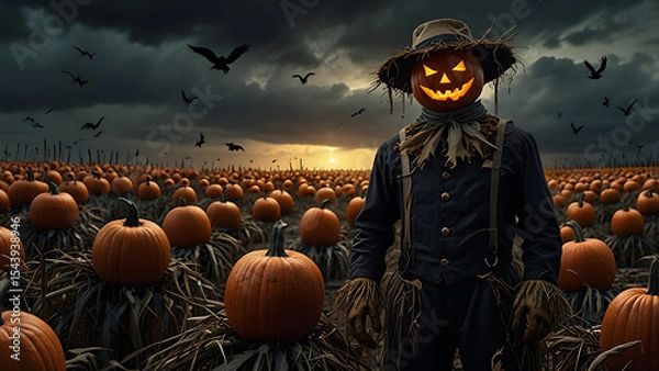 Fototapeta A pumpkin-headed scarecrow with glowing eyes, standing in a dark cornfield under stormy skies, surrounded by crows with human eyes.